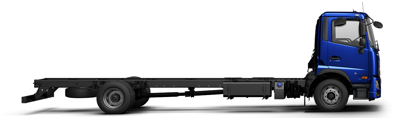Blue flatbed truck chassis, side view, without cargo or rear body.