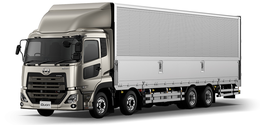 銀色の大型トラックが横向きに停車している