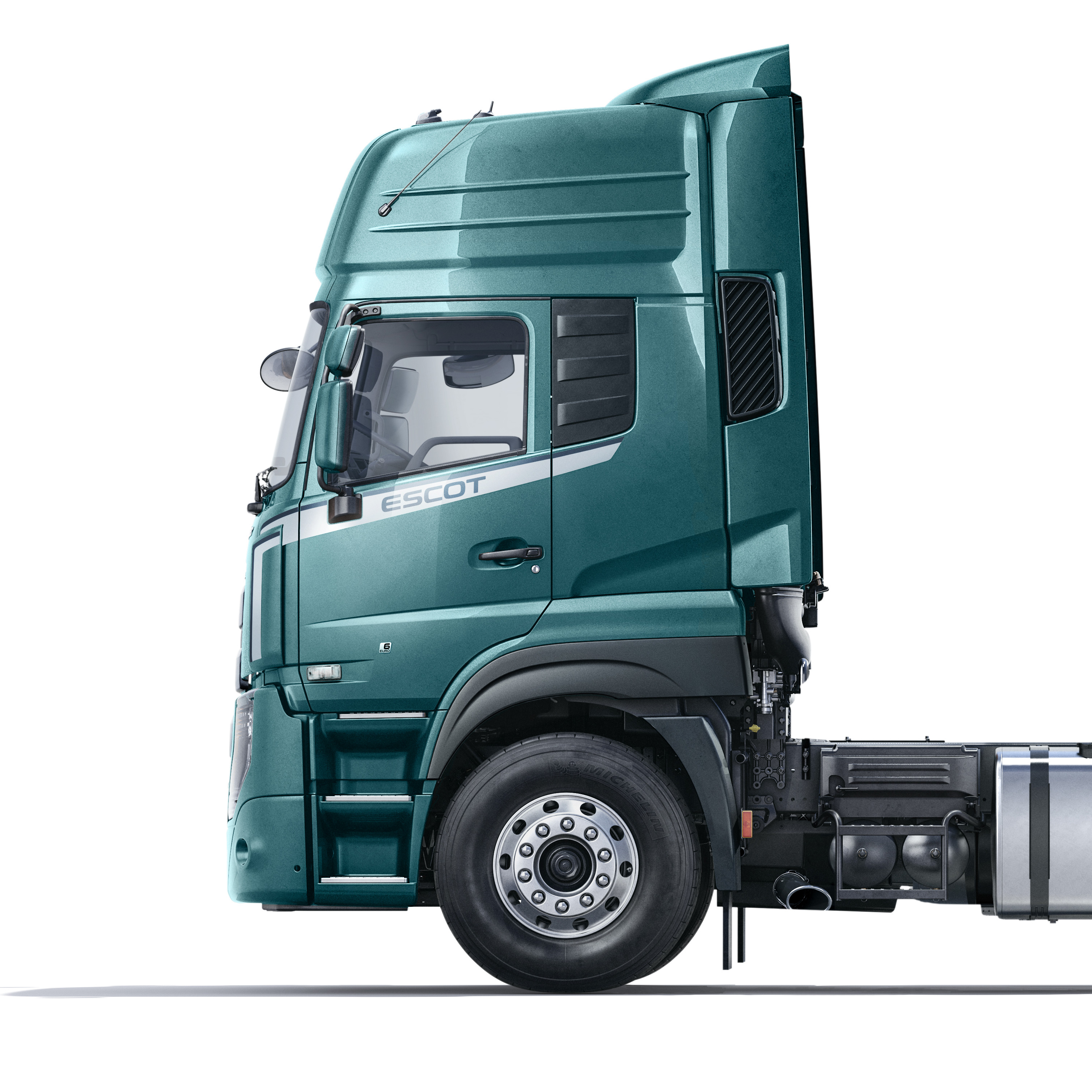 Green semi truck cab, side view, on a white background.