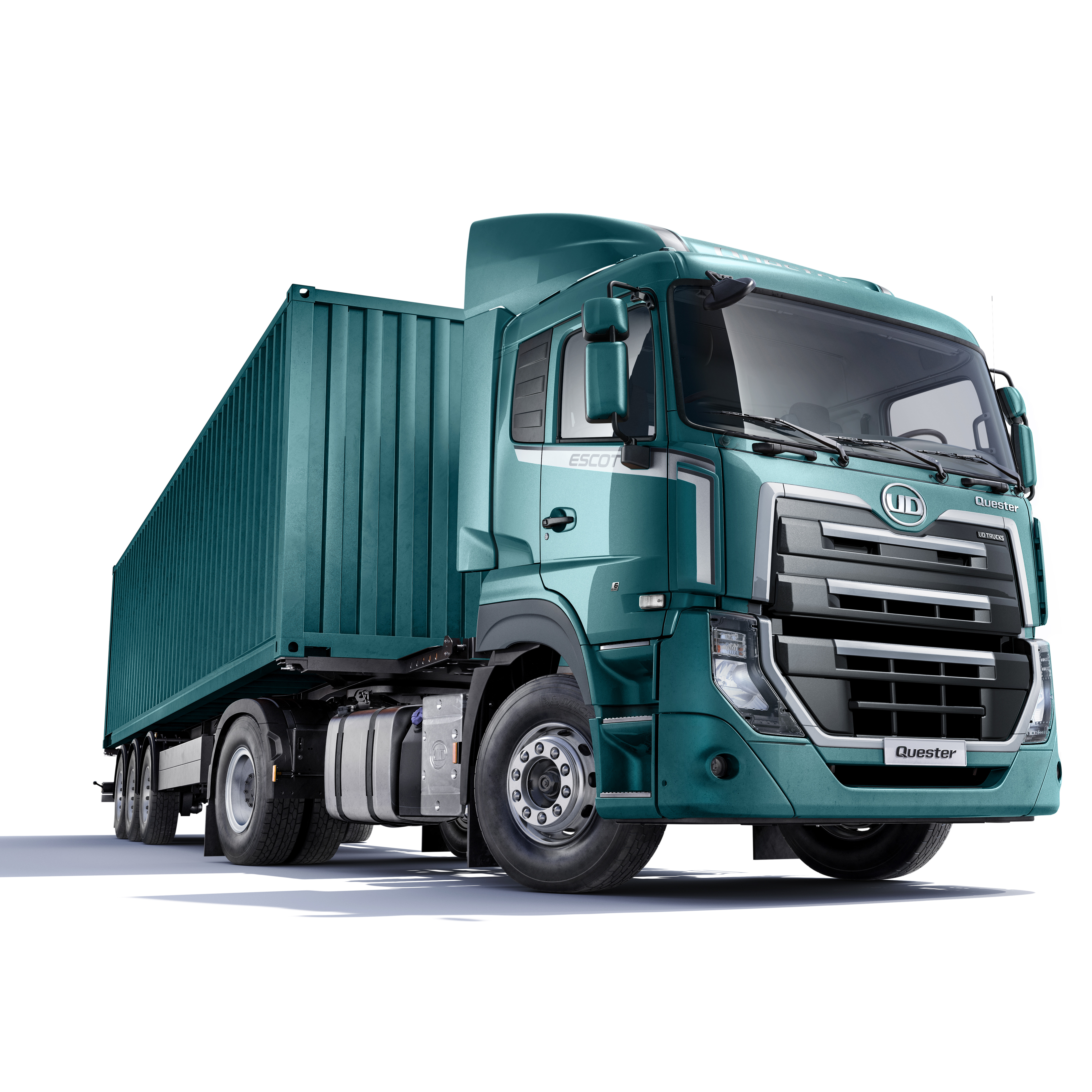 Quester Green cargo truck with container trailer on a white background.