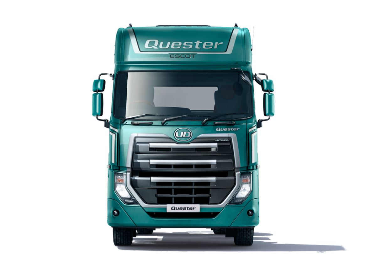 Lori kubwa ya rangi ya kijani, ina jina "Quester" upande wa mbele.