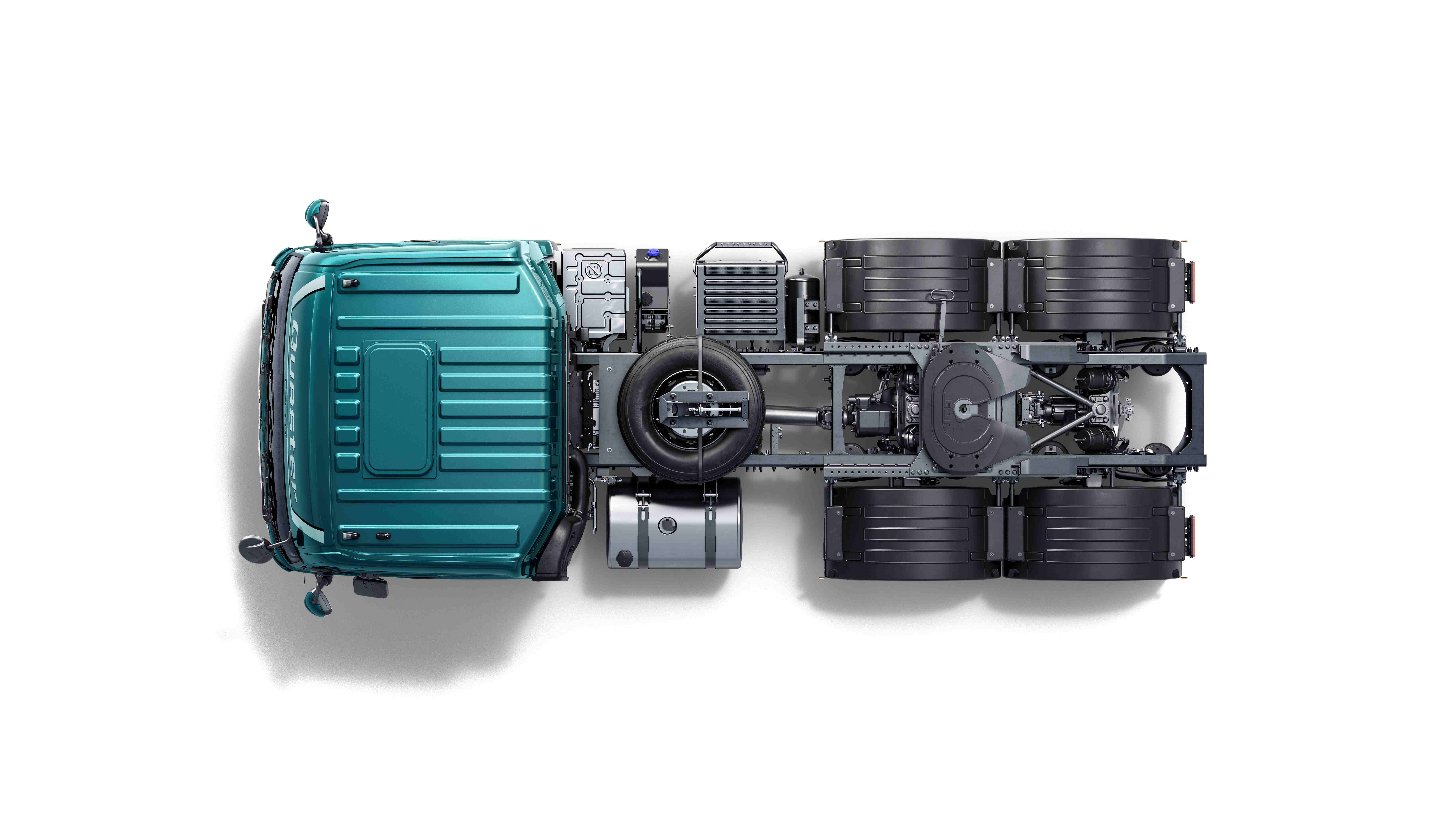 Teal semi-truck cab viewed from above on a white background.