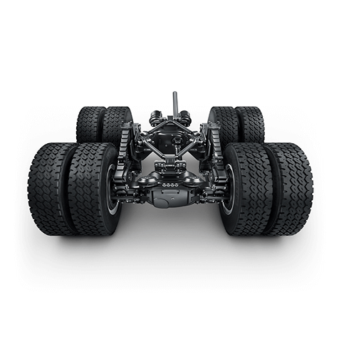 Enam tayar tebal dan gandar besar kenderaan berat dilihat dari belakang.