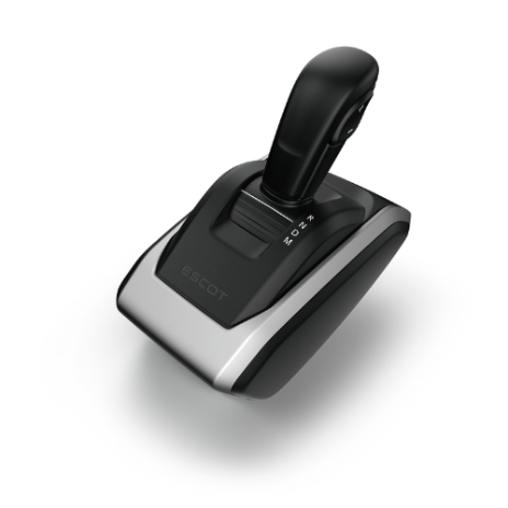 Sleek black and silver throttle joystick with a digital display