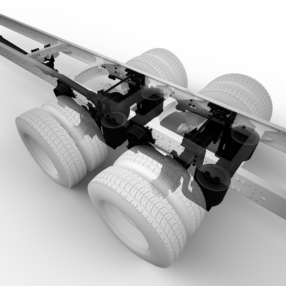 Truck chassis with four large tires and visible suspension system, rendered in grayscale.