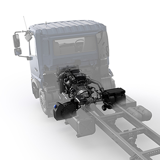 Truck chassis with visible engine and mechanical components, cab semi-transparent.