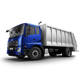 Blue and silver garbage truck on a white background.