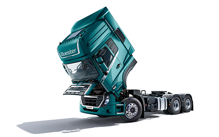 Teal semi-truck with raised cab, exposing engine, on white background.
