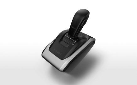 Modern black and silver gear shift lever on white background.