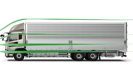 Gray delivery truck with green airflow lines illustrating aerodynamics.