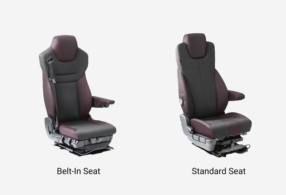 Two car seats side by side, one with a belt-in feature, both dark purple and grey.
