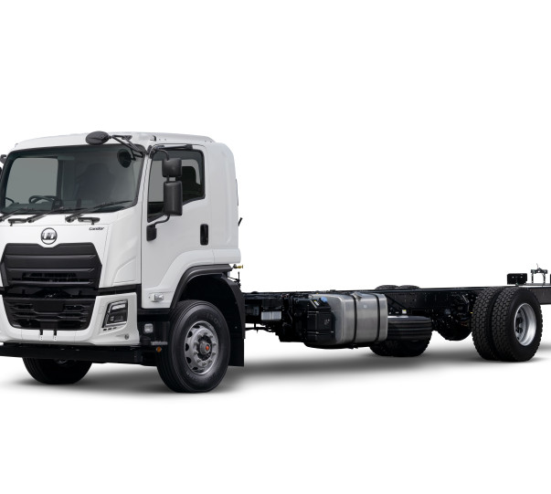 White flatbed truck chassis with no cargo, facing left on a white background.