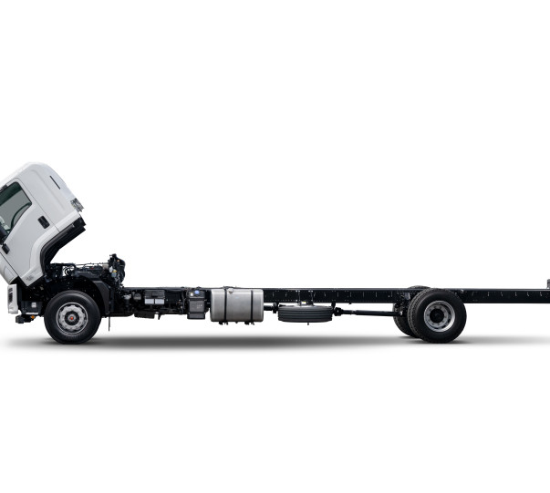 Truck chassis with white cab tilted forward on a white background.