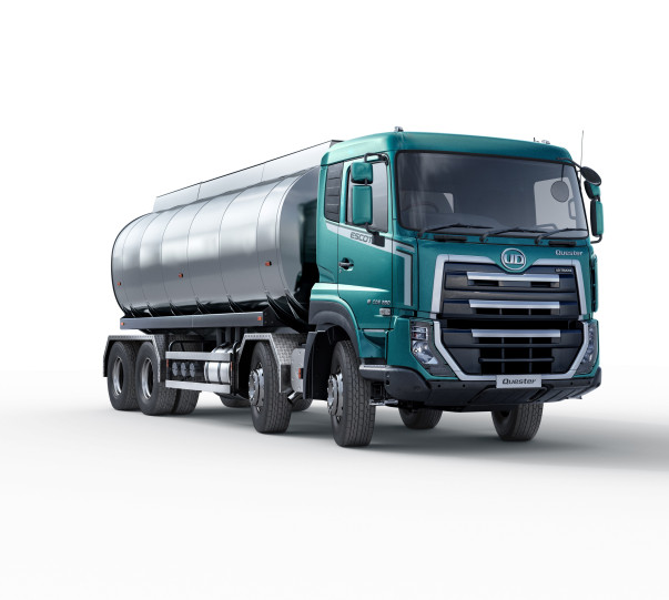 Large turquoise fuel tanker truck on a white background.