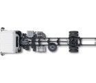 Truck chassis top view, showing cab, engine, and exposed frame.