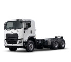 White cab chassis truck with six wheels on a plain white background.