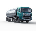 Large turquoise fuel tanker truck on a white background.