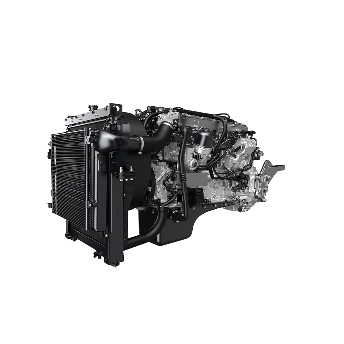 Modern truck engine with radiator attached, metallic and black components visible.
